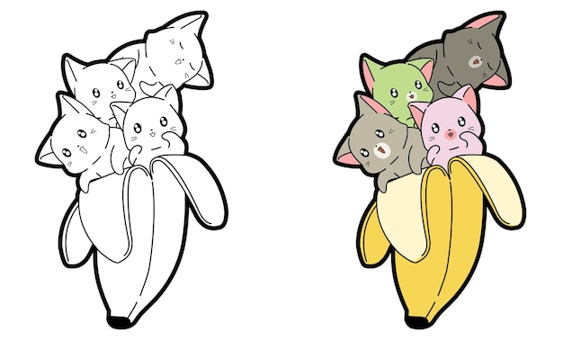 Página para colorear de dibujos animados de gatos kawaii en plátano para niños