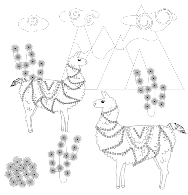 Página para colorear de dibujos animados lama ilustración libro para colorear para niños