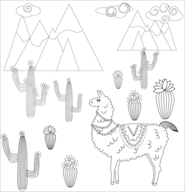 Página para colorear de dibujos animados lama ilustración libro para colorear para niños