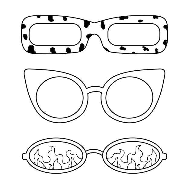 Página para colorear diferentes gafas de sol hippie al estilo de los años 70 Elementos de garabateo en un fondo blanco