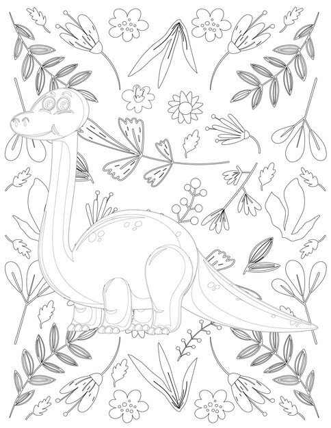 Página para colorear de dinosaurio, dinosaurio de dibujos animados, vector de dinosaurio
