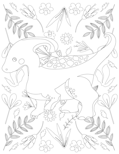 Página para colorear de dinosaurio, dinosaurio de dibujos animados, vector de dinosaurio
