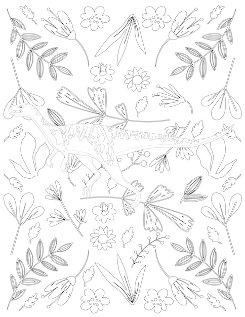 Página para colorear de dinosaurio, dinosaurio de dibujos animados, vector de dinosaurio