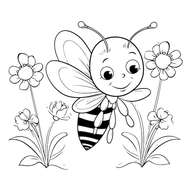 Vector página de colorear diseño de insectos ilustración de abejas dibujo de flores libro de colorear para niños página de plantas bonitas personaje de dibujos animados libro de colorido naturaleza animal blanco diversión