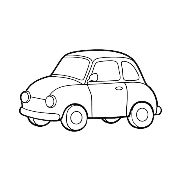 Una página de colorear divertido coche pequeño para niños Cuenta con un coche compacto lindo con líneas simples cara sonriente