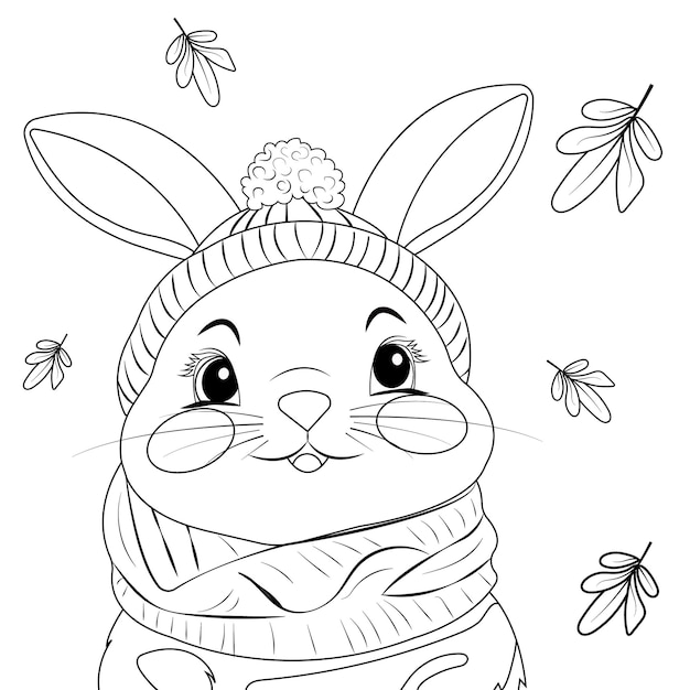 Página para colorear de un divertido conejo de dibujos animados con un gorro y una bufanda mirando las hojas de otoño que caen