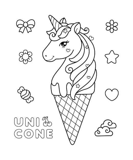 Página para colorear de doodle de helado de unicornio Unicone