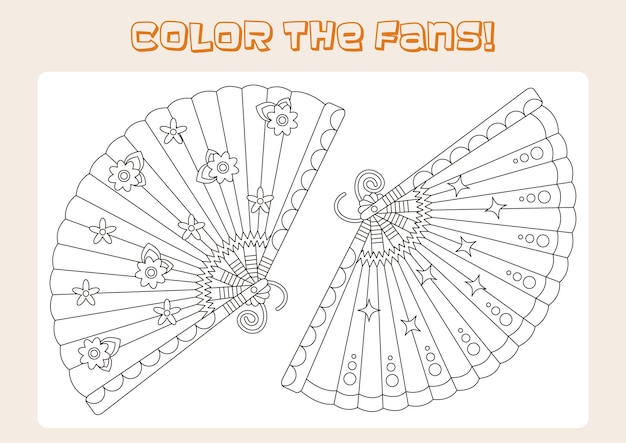 Página para colorear con dos ventiladores plegables decorativos con patrones florales y estelares para niños