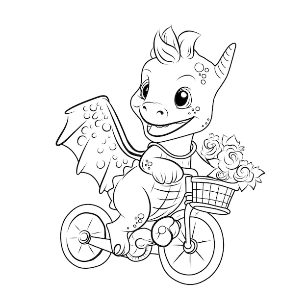 Página de colorear dragón en bicicleta niño dragón lindo personaje gracioso ilustración lineal