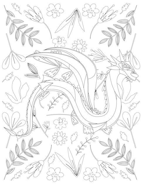 Vector página para colorear de dragón, dragón de dibujos animados, página para colorear de dragón para niños
