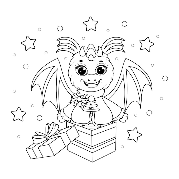 Página para colorear Dragón de Navidad en caja de regalos