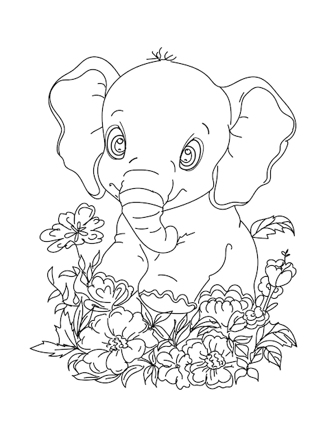 Página para colorear Elefante bebé con flores