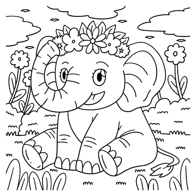 Página de colorear Elefante con corona de flores