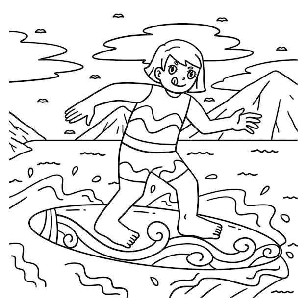 Página para colorear Equilibrio de la chica de surf en la tabla de surf