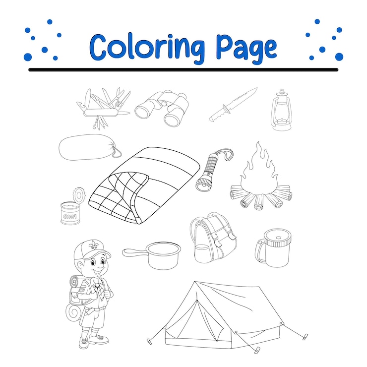 Vector página para colorear equipo de acampada para senderismo