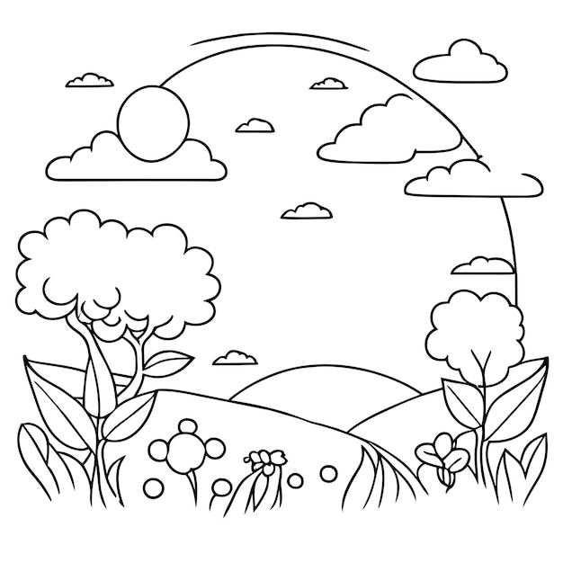 Vector página para colorear escenas de la naturaleza del paisaje con nubes de sol o escena del paisaje de pradera muchos árboles florecen