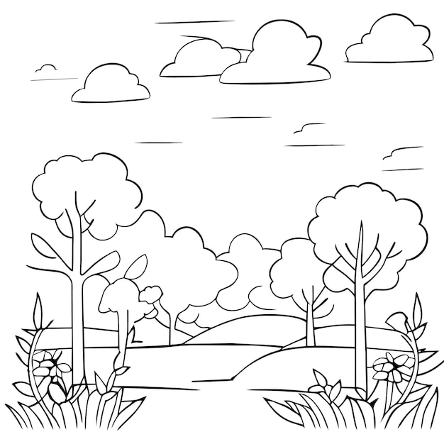 Vector página para colorear escenas de la naturaleza del paisaje con nubes de sol o escena del paisaje de pradera muchos árboles florecen