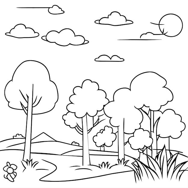 Vector página para colorear escenas de la naturaleza del paisaje con nubes de sol o escena del paisaje de pradera muchos árboles florecen