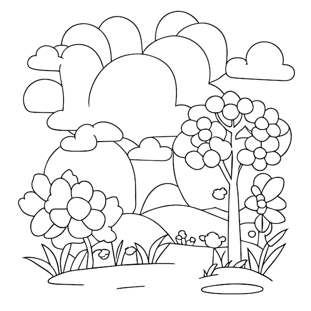 Vector página para colorear escenas de la naturaleza del paisaje con nubes de sol o escena del paisaje de pradera muchos árboles florecen