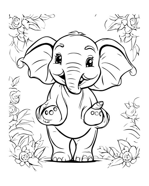 Vector página para colorear esquema de un elefante con flores ilustración vectorial