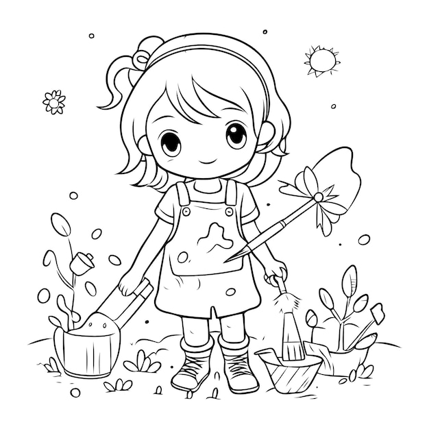 Vector página para colorear esquema de una linda niña haciendo jardinería