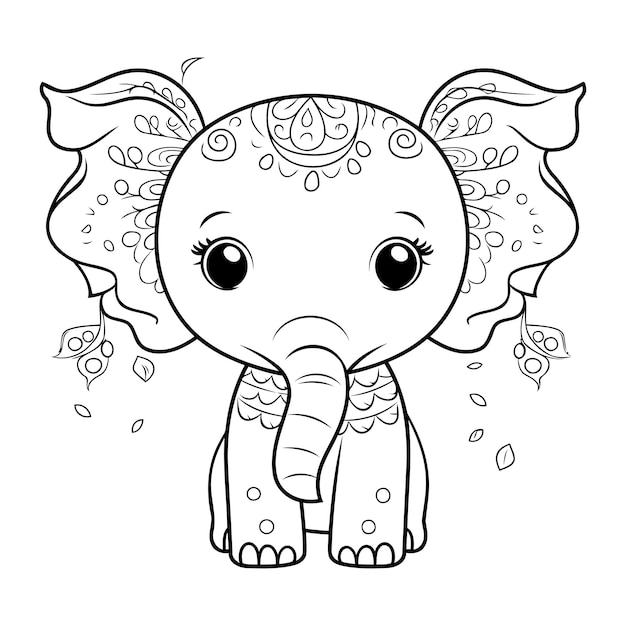 Vector página para colorear esquema de lindo bebé elefante con motivos florales