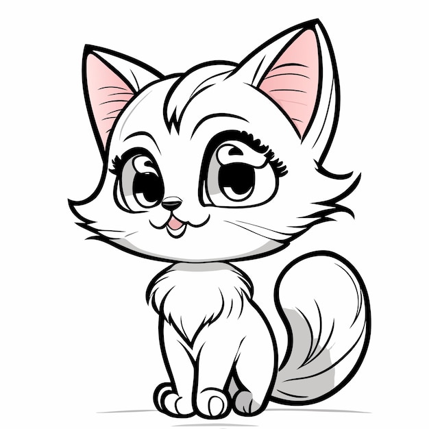 Vector una página de colorear estilo de dibujos animados de gatito para niños arte de línea limpia alto detalle blanco negro