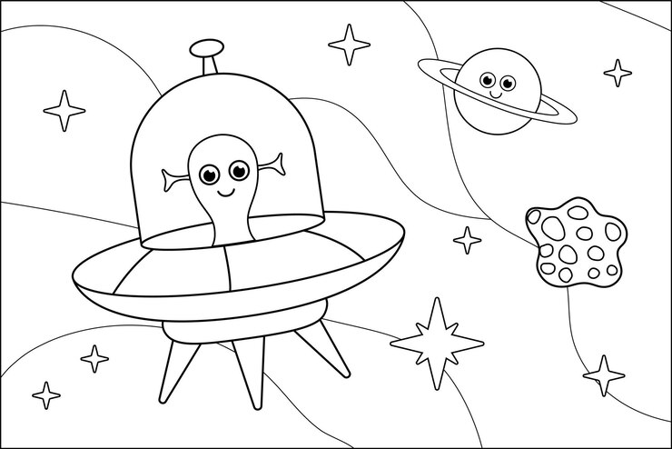 Vector página para colorear extraterrestre en un platillo volador vector espacial en blanco y negro