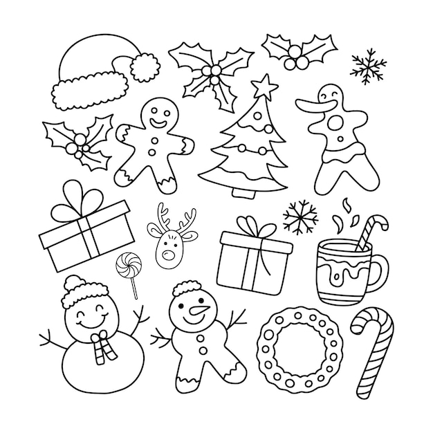 Página para colorear para las fiestas de Navidad con iconos festivos