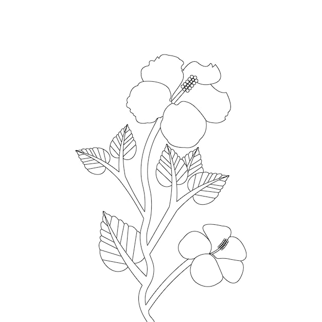 Página para colorear de flor de hibisco con ilustración de vector de dibujo de flor de arte lineal