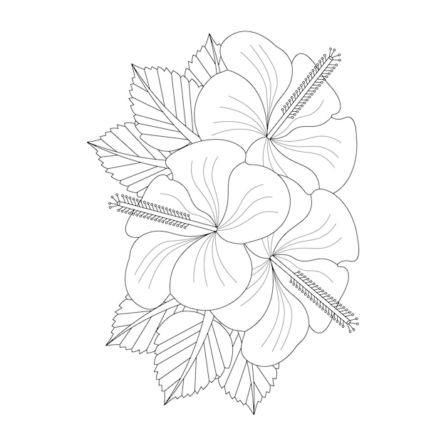 Página para colorear de flor de hibisco con ilustración de vector de dibujo de flor de arte lineal