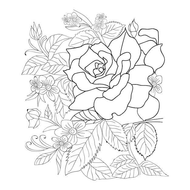 Página para colorear de flor rosa para imagen aislada ramo dibujado a mano rama floral o capullos arte vectorial