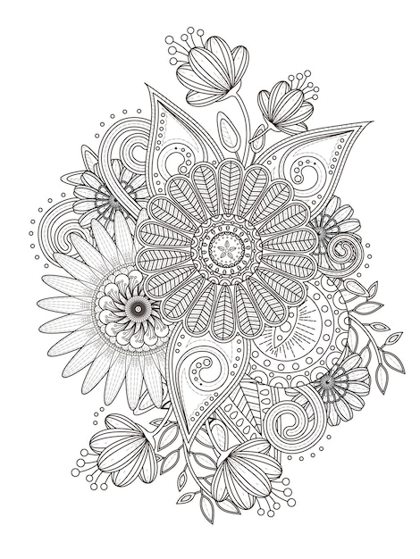 Vector página para colorear floral retro en línea exquisita