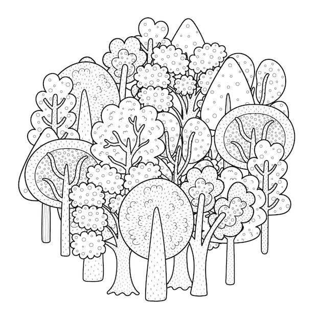Página para colorear de forma de círculo de bosque de garabato de fantasía Mandala dibujada a mano con árboles para libro de colorear