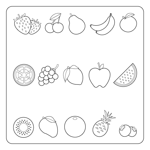 Página de colorear frutas dibujadas a mano por vector