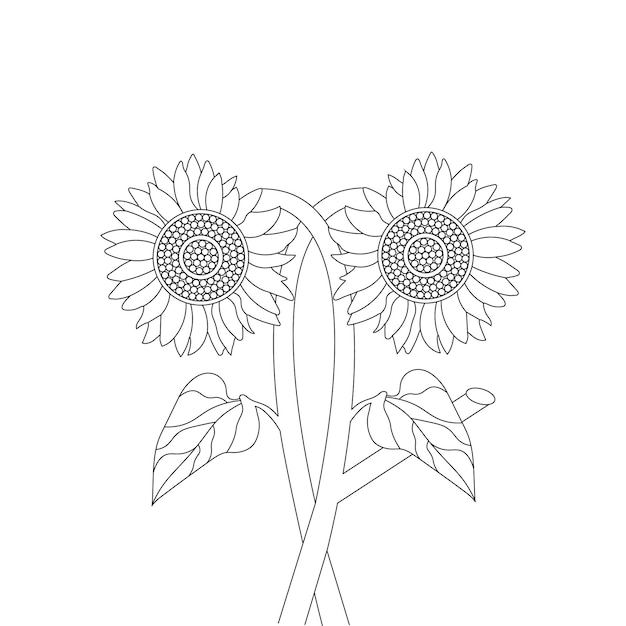 Página para colorear de girasol con dibujo de flor de arte lineal diseño e ilustración vectorial