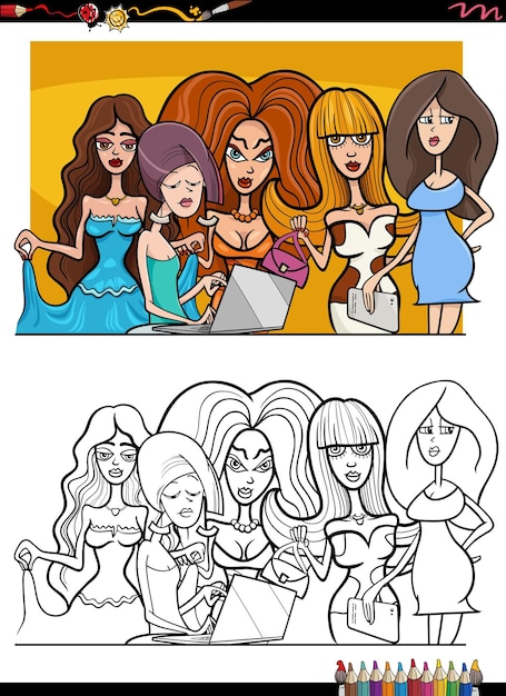 Página para colorear de grupo de mujeres hermosas comic