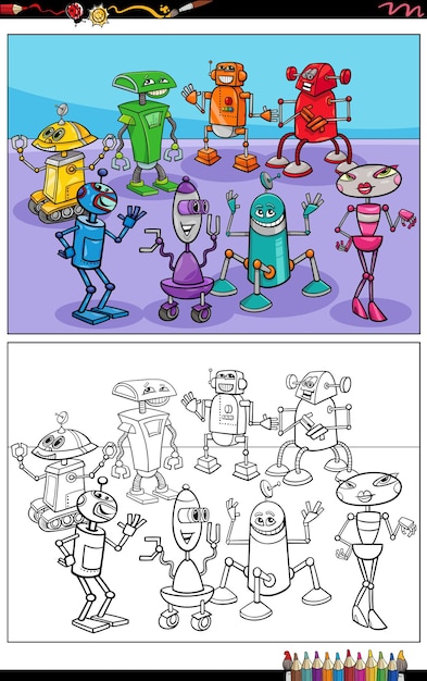 Vector página para colorear de grupo de personajes de robots o droides de dibujos animados
