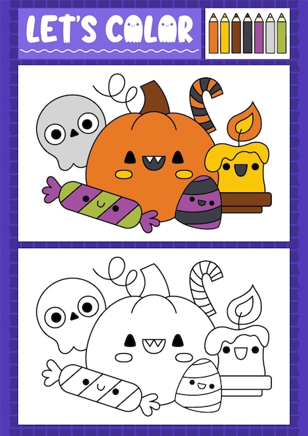 Página para colorear de Halloween para niños con dulces y golosinas kawaii lindos Ilustración de esquema de vacaciones de otoño vectorial Libro de colores para niños con ejemplos de colores Habilidades de dibujo hoja de trabajo imprimible