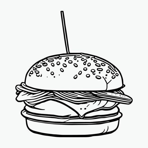 Página para colorear hamburguesas dibujada a mano para niños color vector negro y blanco