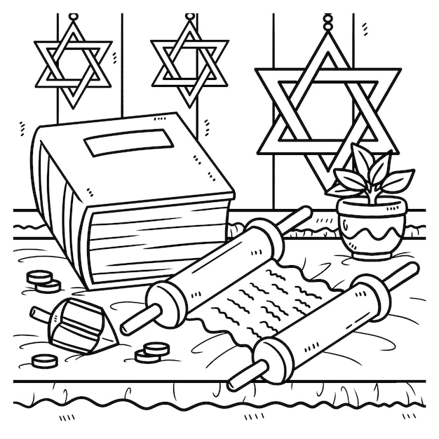 Vector página para colorear de hanukkah torah scroll y book