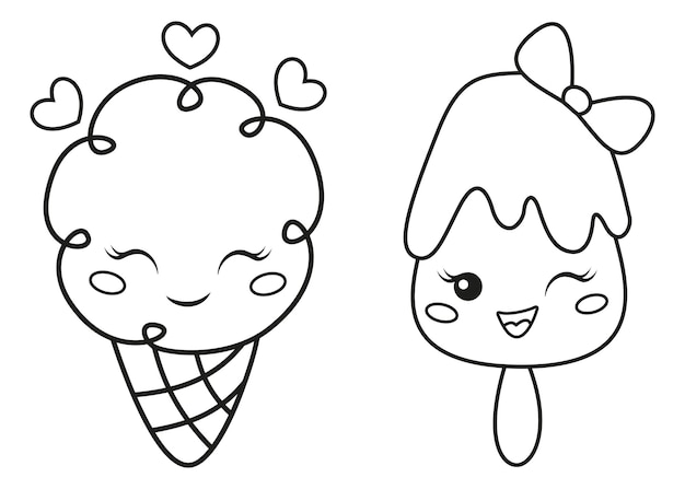 Página para colorear de helado kawaii para niños, ilustración de contorno vectorial de dibujos animados | Vector Premium Página para colorear de helado kawaii para niños, ilustración de contorno vectorial de dibujos animados | Vector Premium