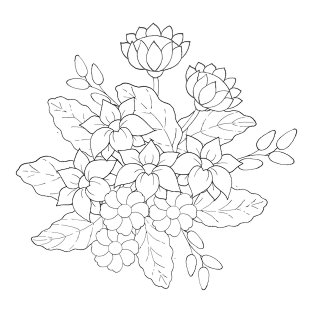 Página para colorear con una hermosa composición botánica de flores y hojas lineart