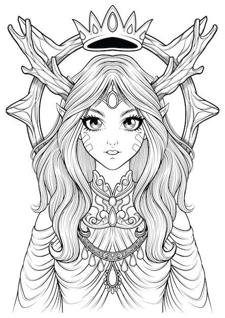 Página para colorear de un hermoso libro para colorear de fantasía de niña elfa.