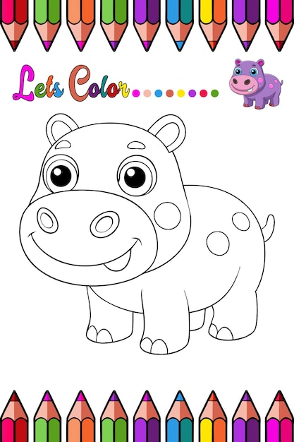 Página para colorear de hipopótamos para niños Ilustración de animales de dibujos animados adorables