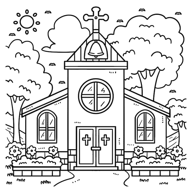 Vector página para colorear de iglesia cristiana para niños