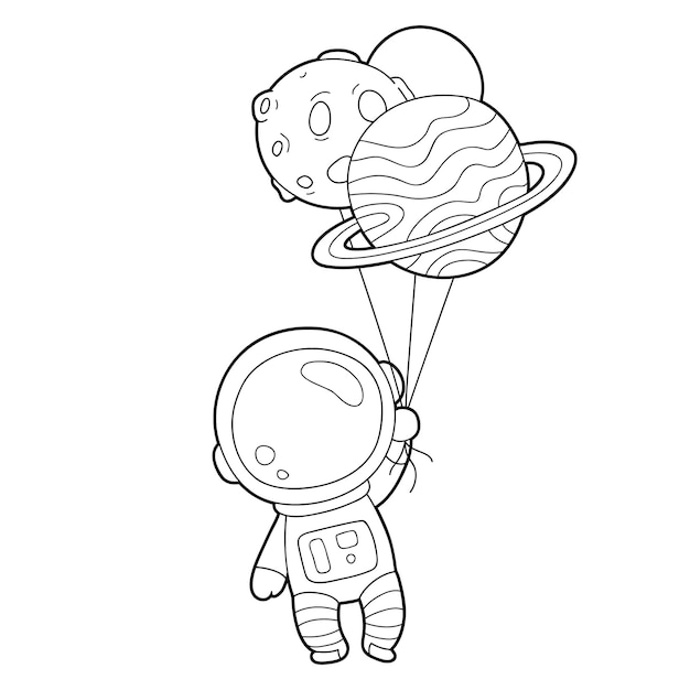 página para colorear de ilustración con astronauta de dibujos animados con globo planetario