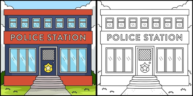 Página para colorear Ilustración en color de la estación de policía