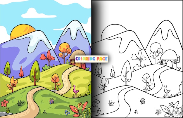 Página para colorear ilustración de paisaje al aire libre para niños