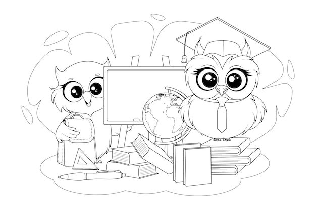 Página para colorear imprimible con simpáticos búhos escolares y elementos educativos Line Art para niños